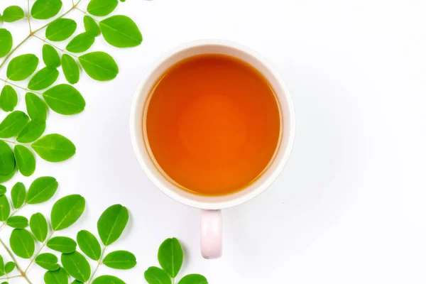 莫林加茶在陶瓷杯与新鲜绿叶隔离的白色背景 顶部的观点 Moringa Oleifera热带草本植物健康生活方式概念 — 图库照片