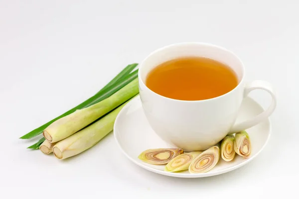 Cup Hot Lemongrass Tea Sliced Green Leaf Isolated White Background — стоковое фото