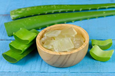 Aloe Vera jeli ahşap kasede mavi ahşap arka planda taze aloe vera ile.