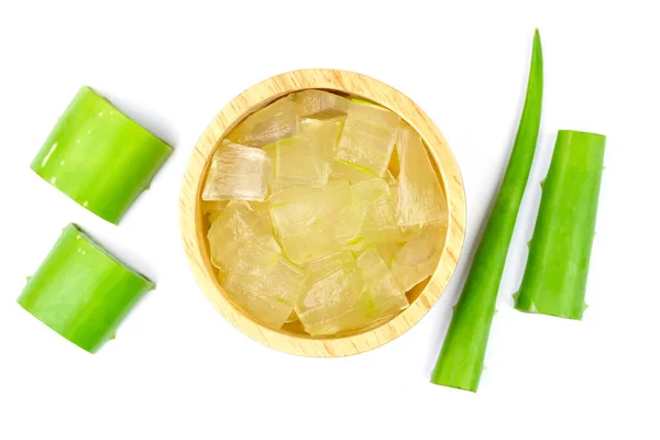 Aloe Vera Gel Dalam Mangkuk Kayu Dengan Aloe Vera Segar — Stok Foto