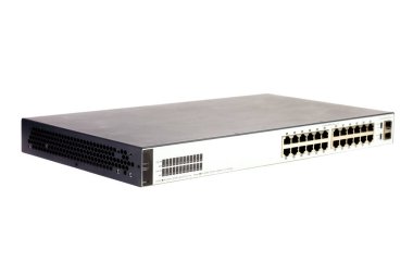 24-port gigabit switch black and white color isolated on white background. Components to create local area network for share data and device.