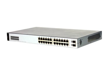 24-port gigabit switch black and white color isolated on white background. Components to create local area network for share data and device.