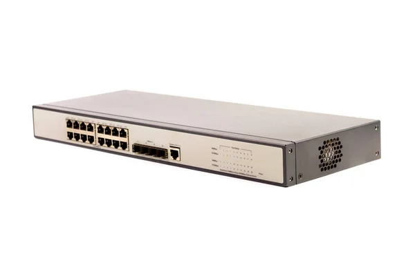 16-port gigabit anahtarı beyaz arkaplanda siyah-beyaz renk izole. Verileri ve aygıtı paylaşmak için yerel alan ağı oluşturmak için bileşenler.
