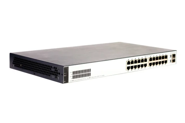 24 portluk gigabit anahtarı beyaz arkaplanda izole edilmiş siyah beyaz renk. Verileri ve aygıtı paylaşmak için yerel alan ağı oluşturmak için bileşenler.