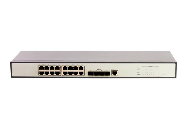 16-port gigabit anahtarı beyaz arkaplanda siyah-beyaz renk izole. Verileri ve aygıtı paylaşmak için yerel alan ağı oluşturmak için bileşenler.