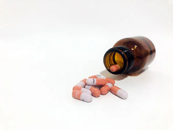 Medicine Pills Tablets Drop Out Brown Glass Bottle — Stock Fotó