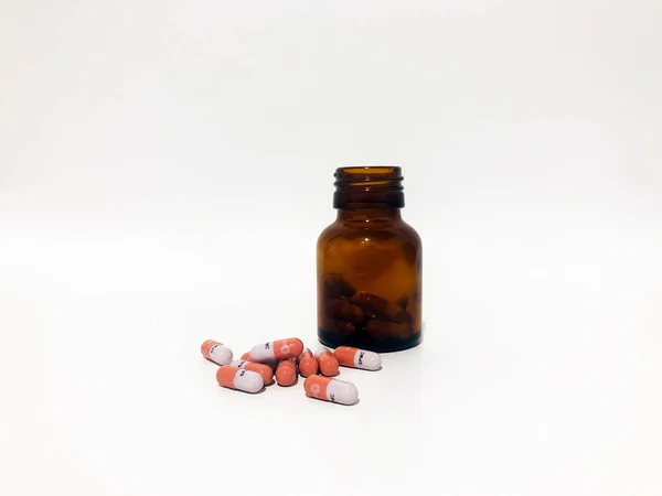 Medicine Pills Tablets Drop Out Brown Glass Bottle — Stock Photo, Image