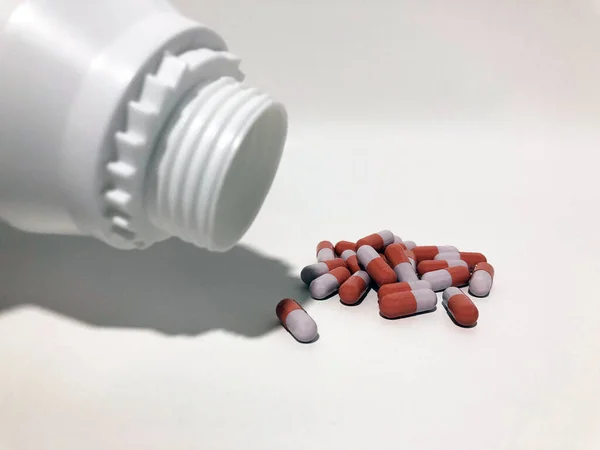 Medicine Pills Tablets Drop Out White Plastic Bottle — Fotografia de Stock