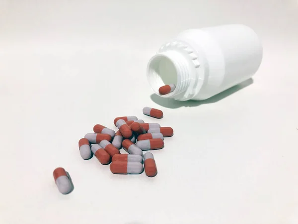 Medicine Pills Tablets Drop Out White Plastic Bottle — Stock Photo, Image