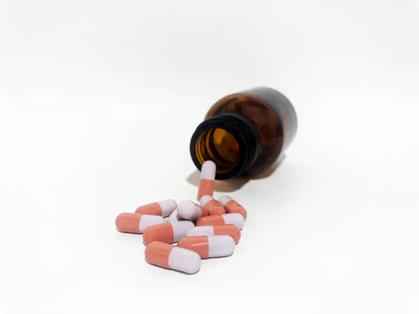 Medicine Pills Tablets Drop Out Brown Glass Bottle — Stockfoto