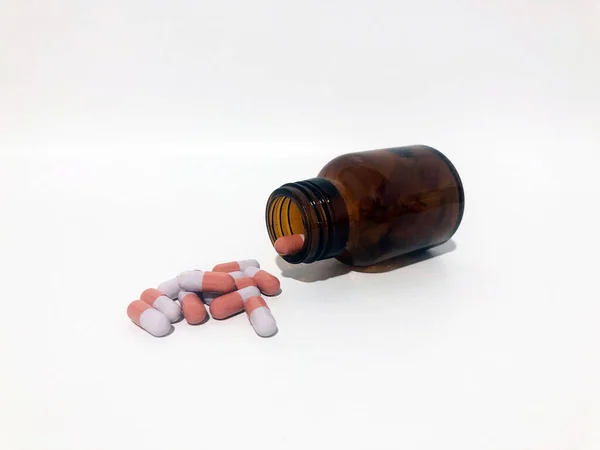 Medicine Pills Tablets Drop Out Brown Glass Bottle — Stock Fotó