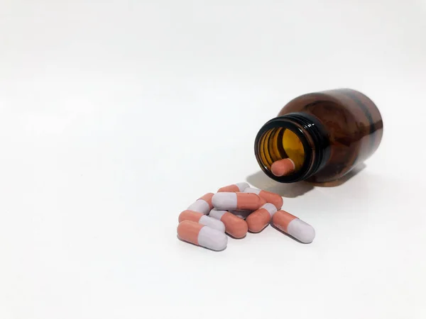 Medicine Pills Tablets Drop Out Brown Glass Bottle — Stock fotografie