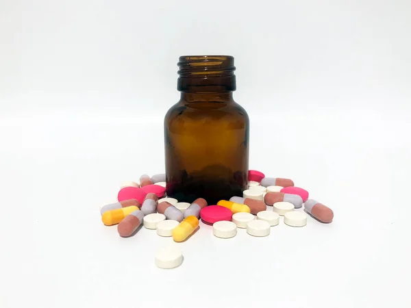 Medicine Pills Tablets Drop Out Brown Glass Bottle — Fotografia de Stock