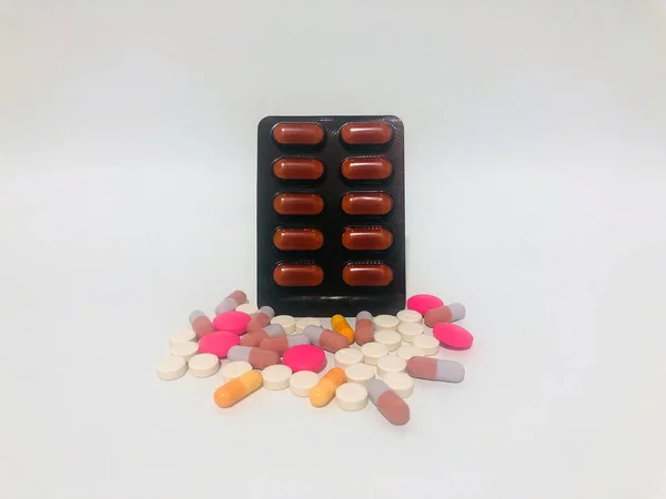 Set Medicine Pills Tablets Single White Background — Photo