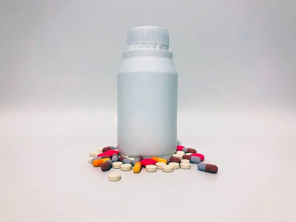 Medicine Pills Tablets Drop Out White Plastic Bottle — Stock Fotó