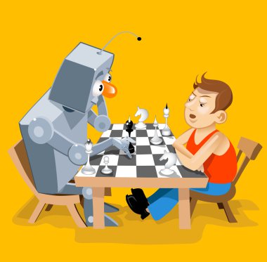 vektör çizimi: komik robot adam ile satranç oyun