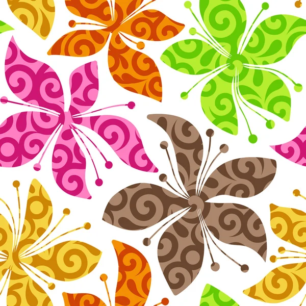 Patrón sin costuras de moda con flores decoradas elegantes en blanco — Vector de stock