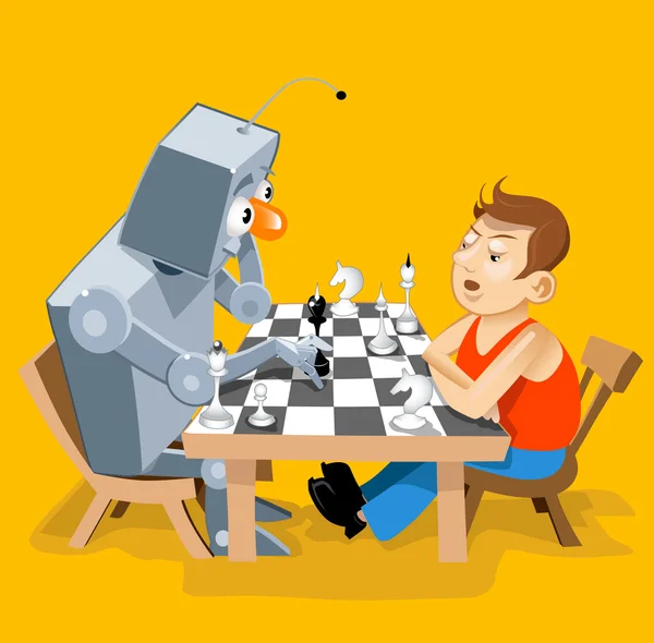 Ilustración vectorial: Divertido robot juega ajedrez con el hombre — Archivo Imágenes Vectoriales