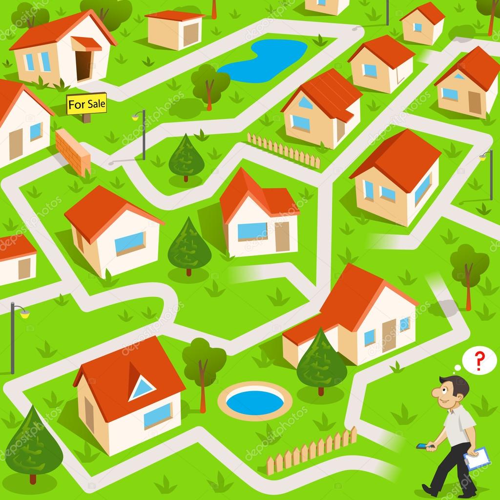 Funny maze game: the funny real estate agent find the way to house for sale