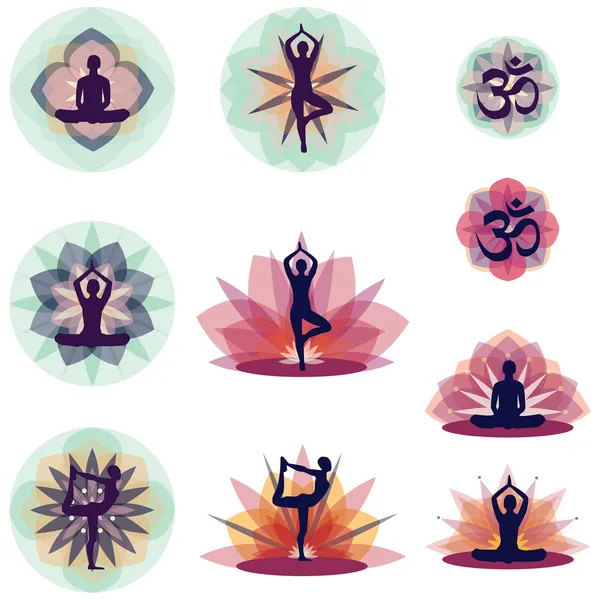 Siluetas humanas en posiciones de yoga — Vector de stock