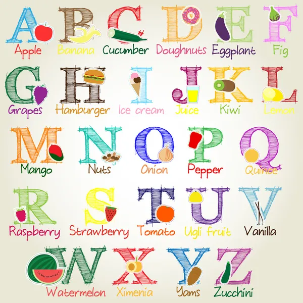 Fruit, Vegetables and Food Alphabet - Vector Illustration — Stock Vector