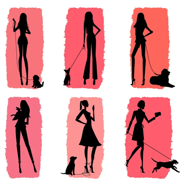 Women and Dogs - Silhouettes With Coral Background — Stock Vector