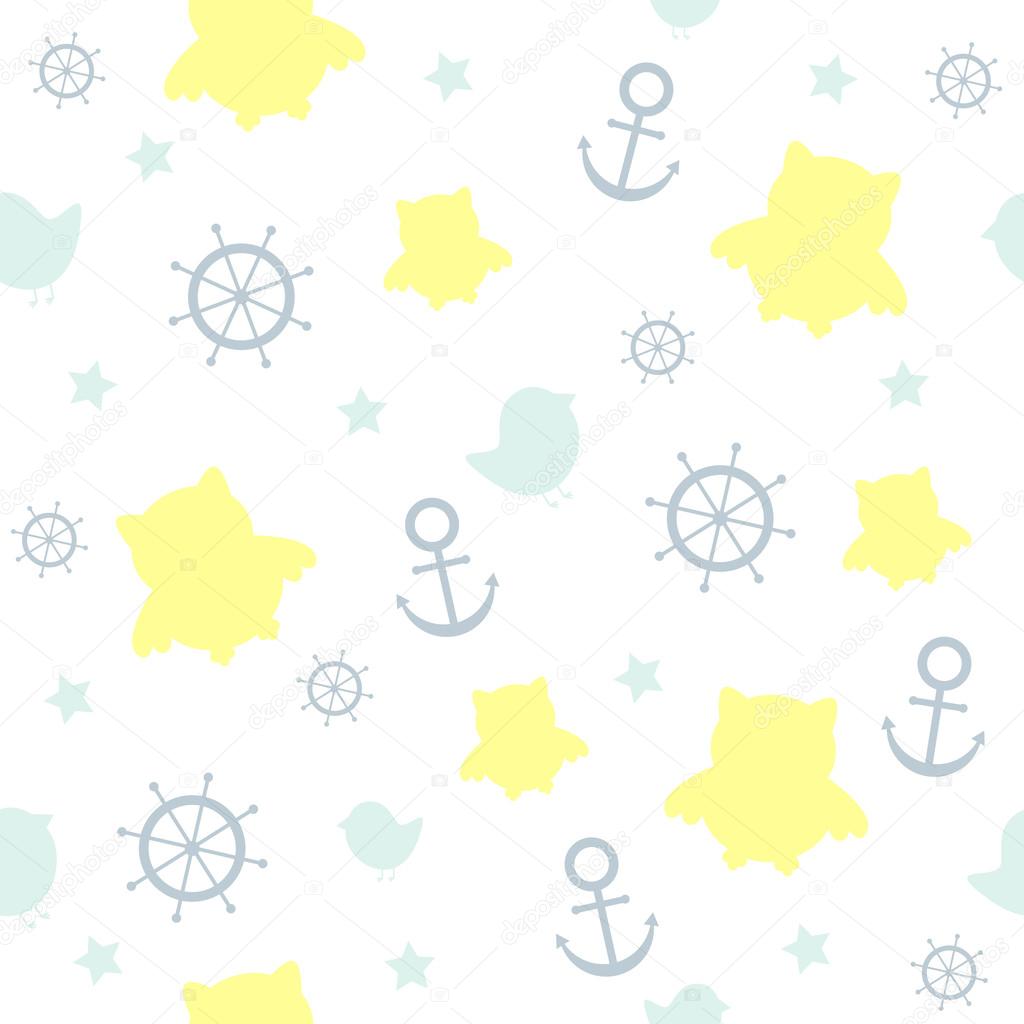 Baby background with stars, anchor, handwheel, silhouettes birds and owls.