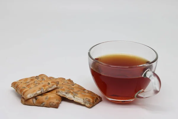 Transparente Tasse Tee Und Kekse Mit Samen Gesunde Ernährung Ernährung — Stockfoto