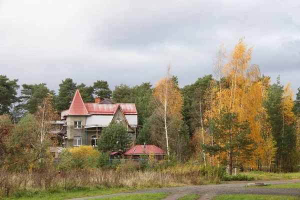 2021年10月 モスクワ地方の白樺と松の間に秋の森の未完成の家 — ストック写真