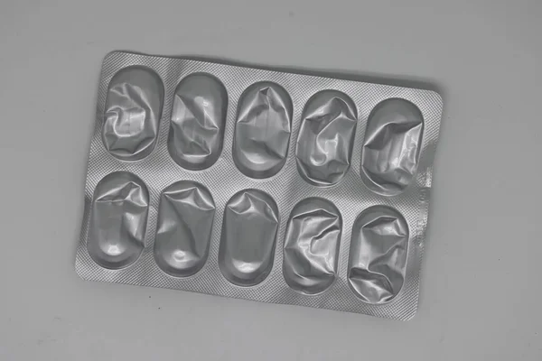 Empty Pill Packaging Out Medicine Silver Background — стоковое фото