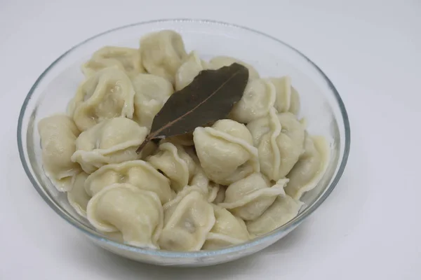 Hot Dumplings Glass Bowl Bay Leaf Appetizing Background — Stock fotografie