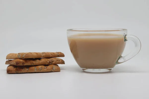 Glass Cup Tea Milk Stack Cookies Proper Nutrition — ストック写真