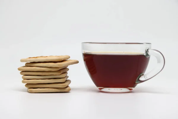 Glass Cup Tea Stack Biscuits Proper Nutrition — стоковое фото