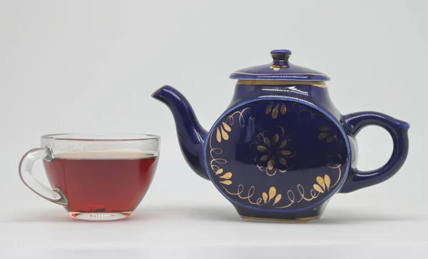 Blue Teapot Transparent Cup Tea Healthy Drink Proper Nutrition — Stockfoto