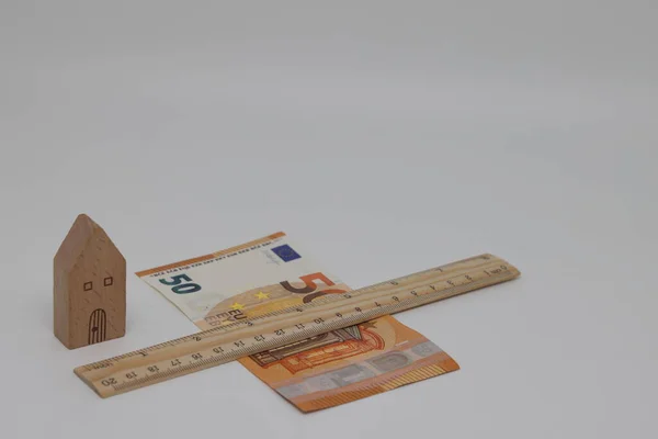 Wooden Ruler Toy House Lie Next Banknotes Real Estate Appraisal — Zdjęcie stockowe