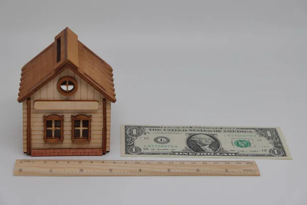 Wooden Ruler Toy House Lie Next Banknotes Real Estate Appraisal — Foto Stock