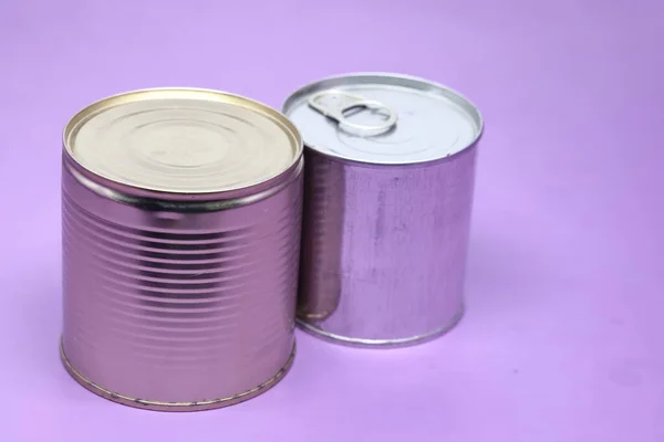 Close Various Metal White Tin Can Purple Background — Stock Photo, Image