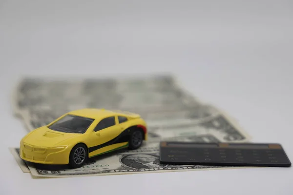 Toy Car Banknotes Lie Kitchen Electronic Scale Next Calculator Cost — Fotografie, imagine de stoc