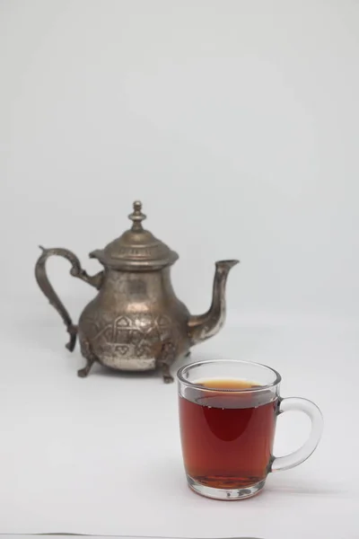 Antique Metal Teapot White Background Close Old Arabic Teapot Cup — Fotografia de Stock