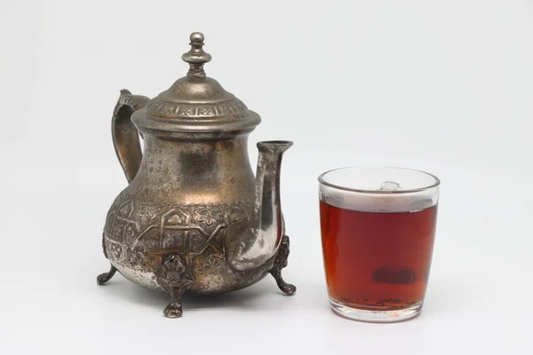 Antique Metal Teapot White Background Close Old Arabic Teapot Cup — Stok fotoğraf