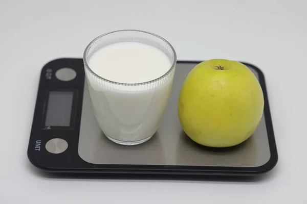 Glass Kefir Scales Weight Loss Diet Weight Control Still Life — Zdjęcie stockowe