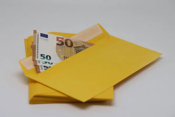 Stack Envelopes Close Envelope Full Euro Banknotes Light Background Concept — Foto Stock