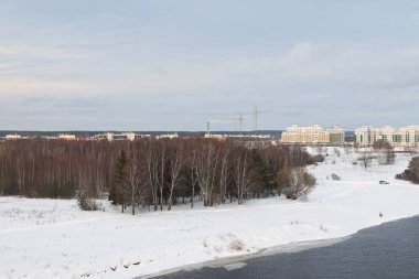 Güneşli bir akşamda nehir. Ağaçlar ve çalılar. Kış manzarası, nehir kıyıları çalılarla kaplı.