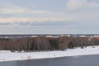 Güneşli bir akşamda nehir. Ağaçlar ve çalılar. Kış manzarası, nehir kıyıları çalılarla kaplı.