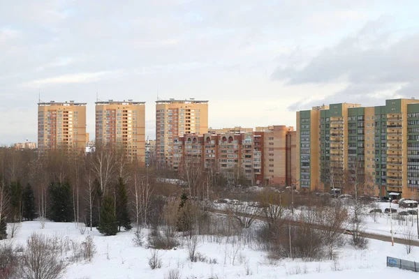 New Snow Covered High Rise Residential Buildings Russian City Moscow — стоковое фото