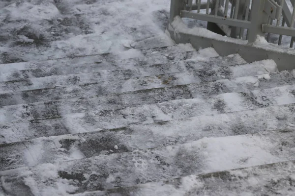 Stairs Lead Steps Covered Snow Winter Bridge — Foto Stock