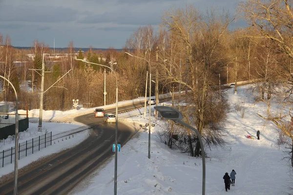 Bahnübergang Hintergrund Der Bahngleise Stadtlandschaft Eingang Zur Winterstadt Gebiet Moskau — Stockfoto