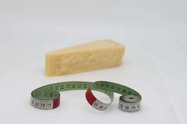 Piece Cheese Tailor Meter Isolated Light Background Proper Nutrition Counting — 图库照片