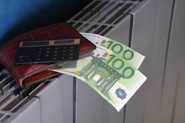 100 avroluk hesap makinesi, cüzdan ve banknotlar ısıtma sisteminin radyatöründe, ısıtma sisteminin maliyeti, kamu hizmetleri