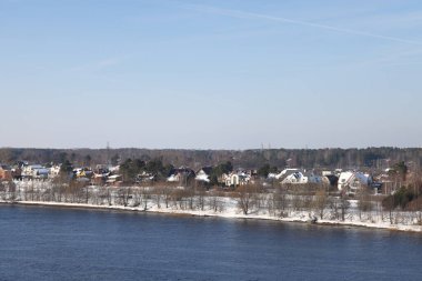 Güneşli bir günde nehir. Ağaçlar ve çalılar. Kış manzarası, nehir kıyıları çalılarla kaplı.